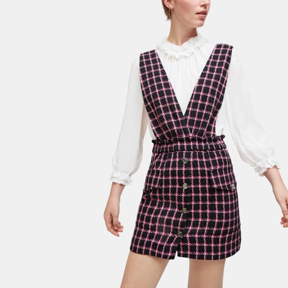 NWT MAJE WOMEN'S CHECK TWEED MINI DRESS FUCHSIA SIZE US 8 FR 40 - Picture 6 of 13